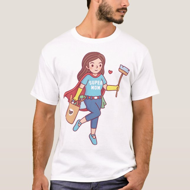 Cute Super Mom With Cleaning Tools and Groceries F T-Shirt (Vorderseite)