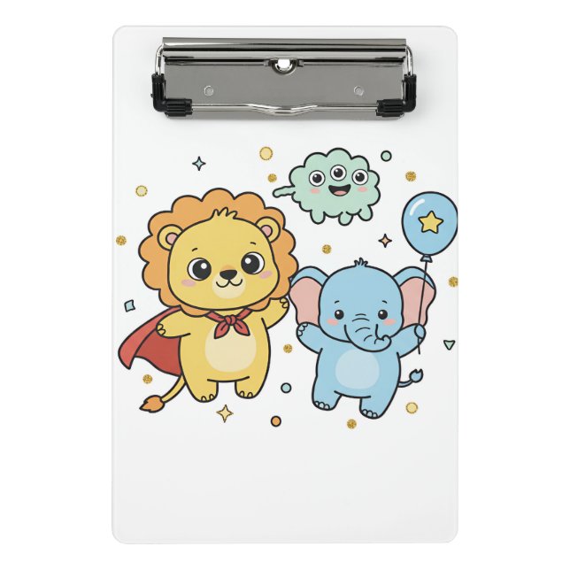 Cute Superhero Lion and Elephant Friends Cartoon Mini Klemmbrett (Vorderseite)