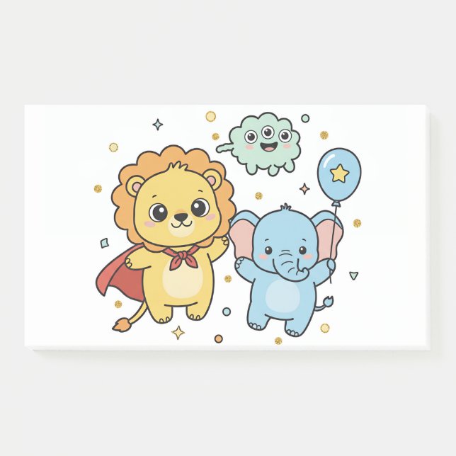 Cute Superhero Lion and Elephant Friends Cartoon Post-it Klebezettel (Vorderseite)