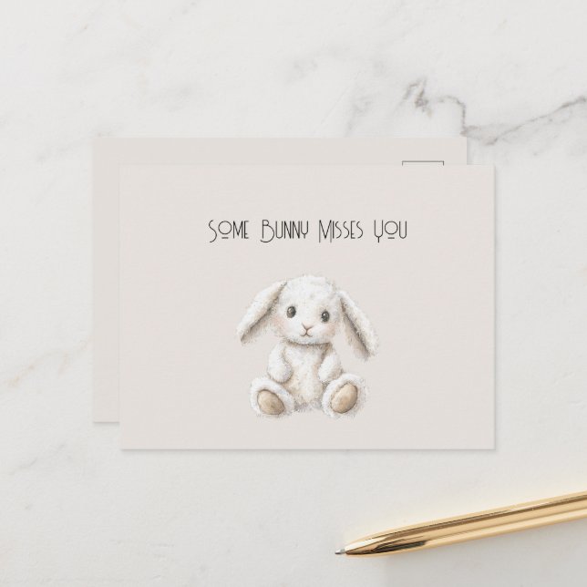 Cute Sweet Cream White Bunny Missing You Postkarte (Vorderseite/Rückseite Beispiel)