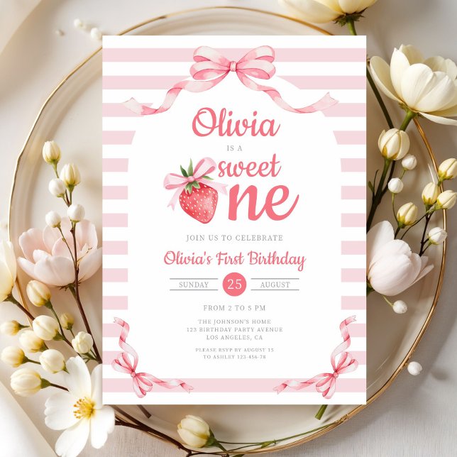 Cute Sweet One Strawberry Girl 1st Birthday Einladung (Cute Sweet One Strawberry Girl 1st Birthday Invitation)