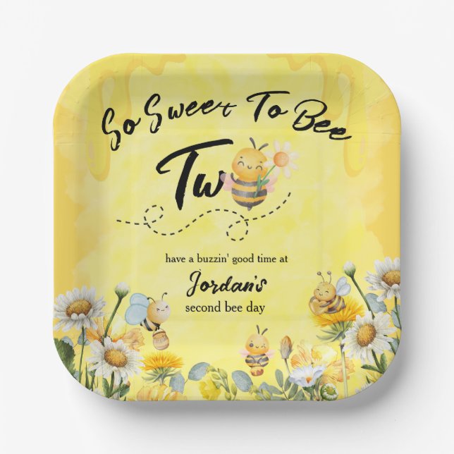 Cute Sweet To Bee Two Wildflower 1st birthday Pappteller (Vorderseite)