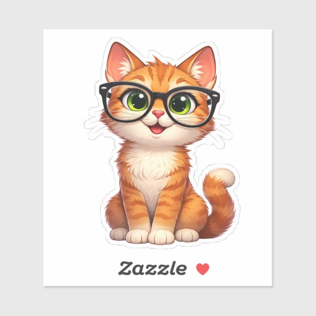 Cute Tabby Cat Glasses Custom-Cut Vinyl Sticker (Blatt)