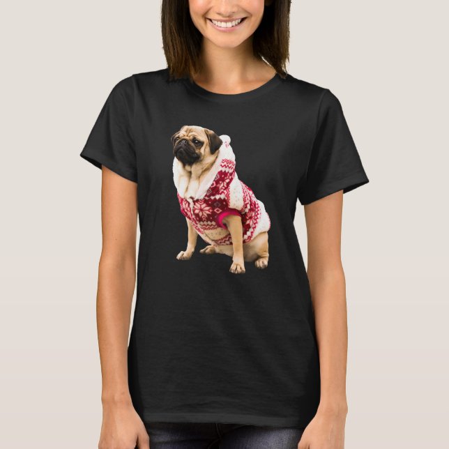 Cute Tan Pug Santa Hat Image Christmas Red Sweater T-Shirt (Vorderseite)