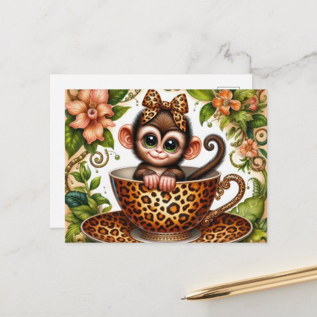 Cute teacup monkey jungle mug postkarte (Vorderseite/Rückseite Beispiel)