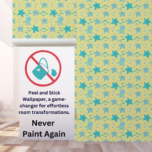 Cute Teal Blue Yellow Kids Nautical Starfish Squid Tapete