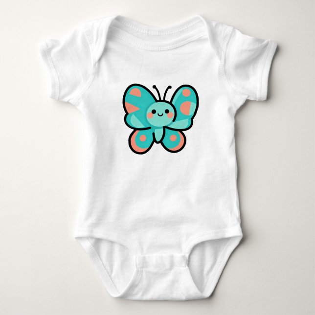 Cute Teal Butterfly Kawaii Art Baby Clothes Strampler (Vorderseite)