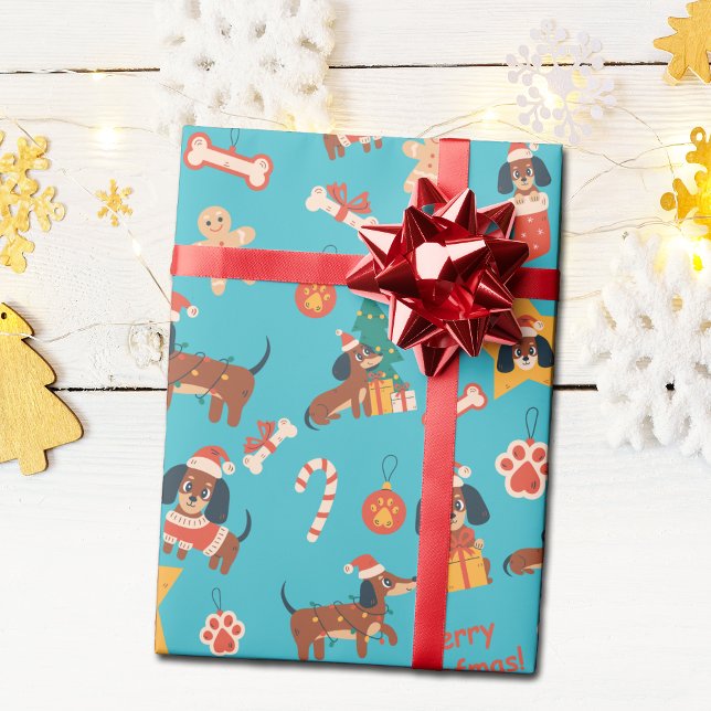 Cute Teal Christmas Dachshund Merry Woofmas Geschenkpapier (Cute festive Dachshund wrapping paper in teal, perfect for Dachshund dog lovers and the pups too!)