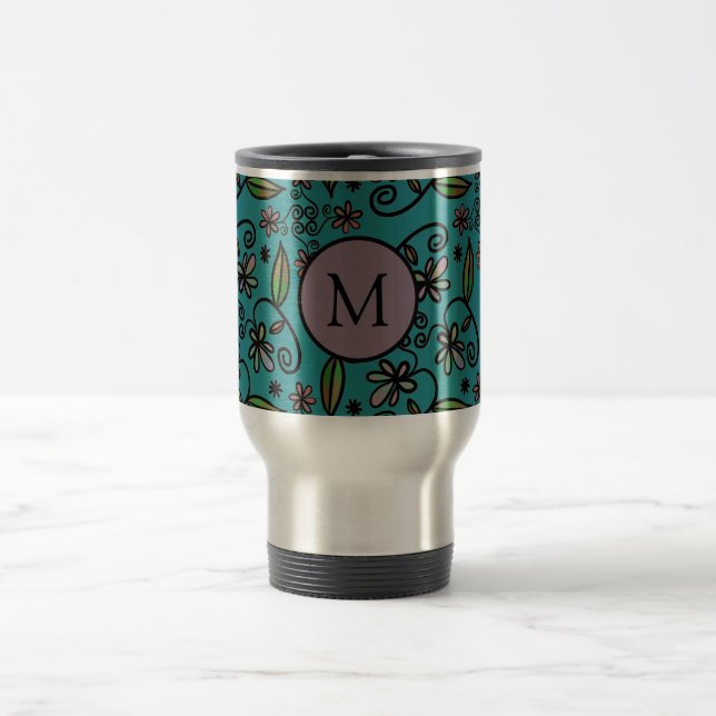 Cute Teal Floral Pattern Monogram Reisebecher (Mittel)