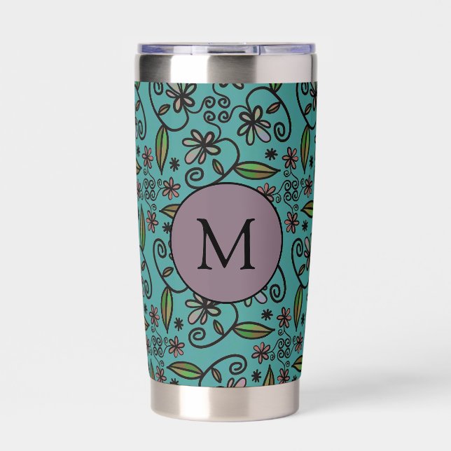 Cute Teal Floral Pattern Monogram Thermobecher (Vorderseite)