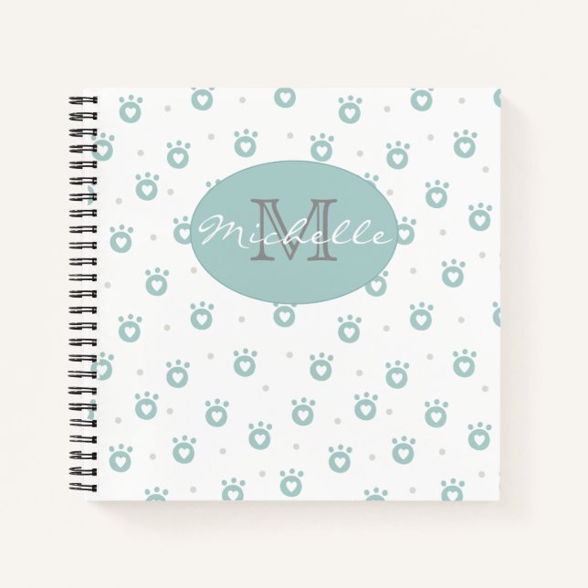 Cute Teal Green Cat Paws with Hearts | Monogramm Notizbuch (Vorderseite)
