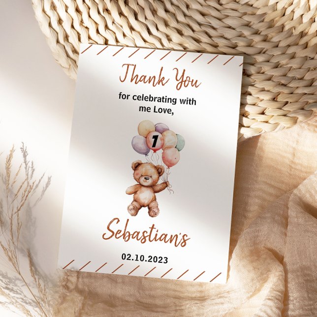 Cute Teddy Bear 1st Birthday | Sweet Bear  Dankeskarte (Cute Teddy Bear 1st Birthday | Sweet Bear Thank You Card
)