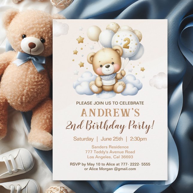 Cute Teddy Bear 2nd Birthday for Boy Einladung (Von Creator hochgeladen)