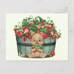 Cute Teddy Bear and Rustic Strawberry Basket  Postkarte