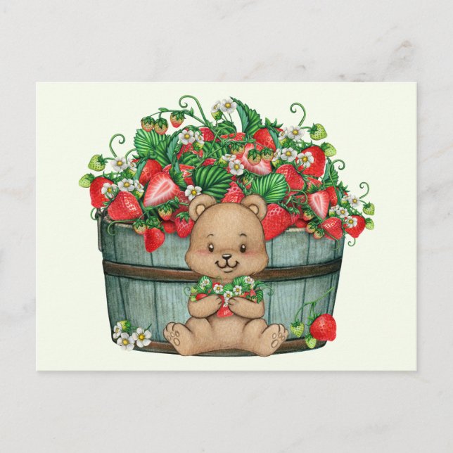 Cute Teddy Bear and Rustic Strawberry Basket  Postkarte (Vorderseite)