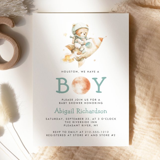 Cute Teddy Bear Astronaut Boy Baby Shower Einladung (Von Creator hochgeladen)