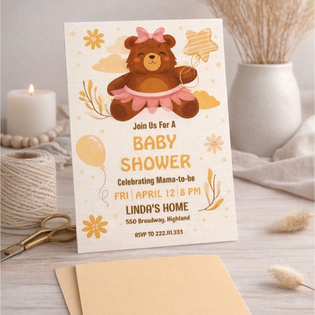 Cute Teddy Bear Baby Shower Invitation for Girl Einladung (Von Creator hochgeladen)