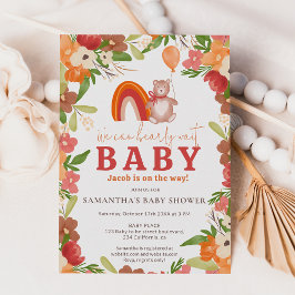 Cute teddy bear bearly wait rainbow baby shower einladung
