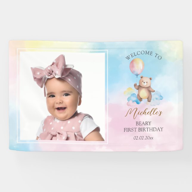 Cute Teddy Bear Beary First Birthday Photo Welcome Banner (Horizontal)