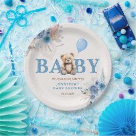 Cute Teddy Bear Blue Boho Floral Boy Pappteller