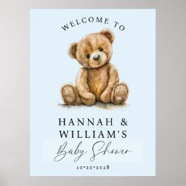 Cute Teddy Bear Blue Boy Baby Shower Welcome Sign Poster