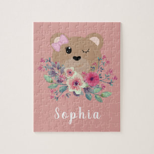 Cute Teddy Bear Blush Pink Kids & Name Puzzle