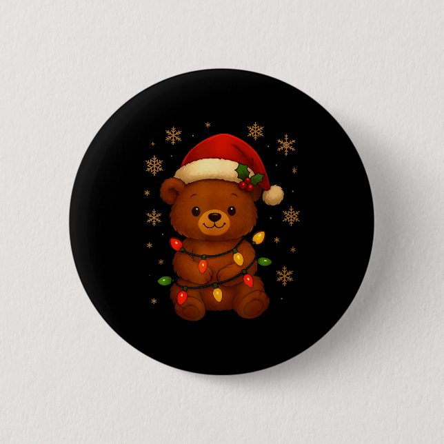 Cute Teddy Bear Christmas Tree Lights Santa Hat Fu Button (Vorderseite)