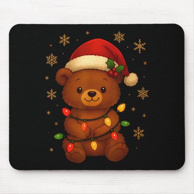 Cute Teddy Bear Christmas Tree Lights Santa Hat Fu Mousepad (Vorne)