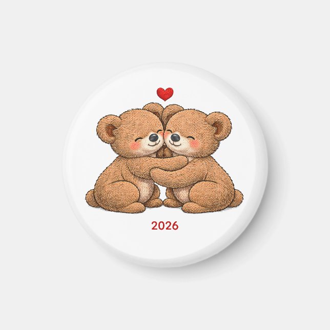 Cute Teddy Bear Couple in Love – Embroidered Style Magnet (Vorne)