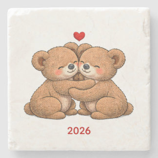 Cute Teddy Bear Couple in Love – Embroidered Style Steinuntersetzer