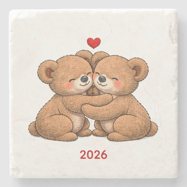 Cute Teddy Bear Couple in Love – Embroidered Style Steinuntersetzer (Vorderseite)