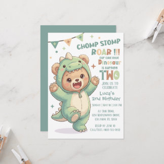 Cute Teddy Bear Dinosaur | 2nd Dino Birthday Party Einladung
