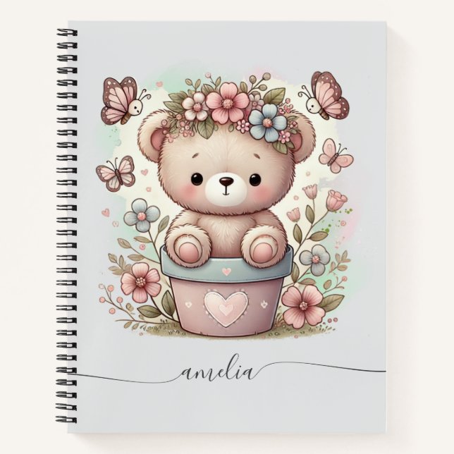 Cute Teddy Bear & Floral Custom Name  Notizbuch (Vorderseite)