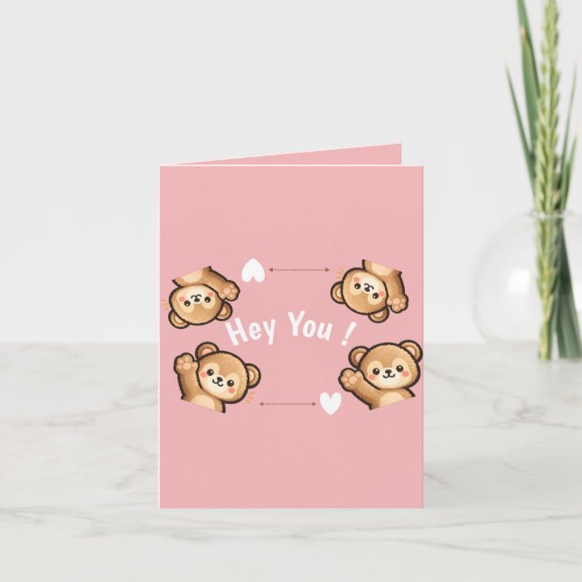 Cute Teddy Bear Folded Invitation – Hey You Pink  Einladung (Vorderseite)