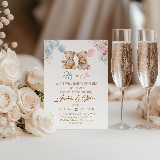 Cute Teddy Bear Gender Reveal Blue Pink Balloons Einladung (Von Creator hochgeladen)