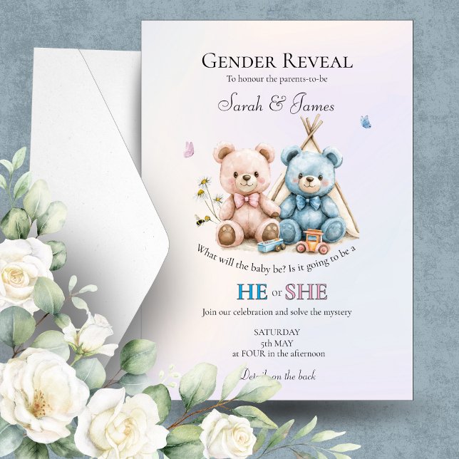 Cute Teddy Bear Gender Reveal Invitation Einladung (Von Creator hochgeladen)