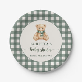 Cute Teddy Bear Green Plaid Baby Shower Pappteller