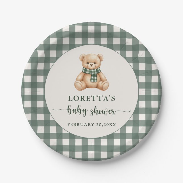 Cute Teddy Bear Green Plaid Baby Shower Pappteller (Vorderseite)