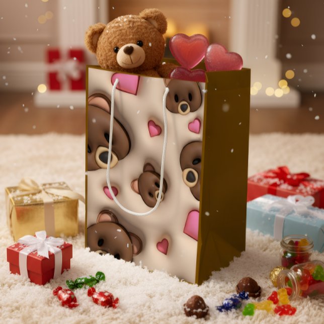 Cute Teddy Bear & Hearts Gift Bag Mittlere Geschenktüte (Von Creator hochgeladen)