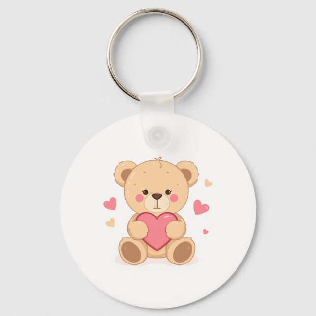 Cute Teddy Bear Holding Heart – Valentine Love Ill Schlüsselanhänger (Vorderseite)