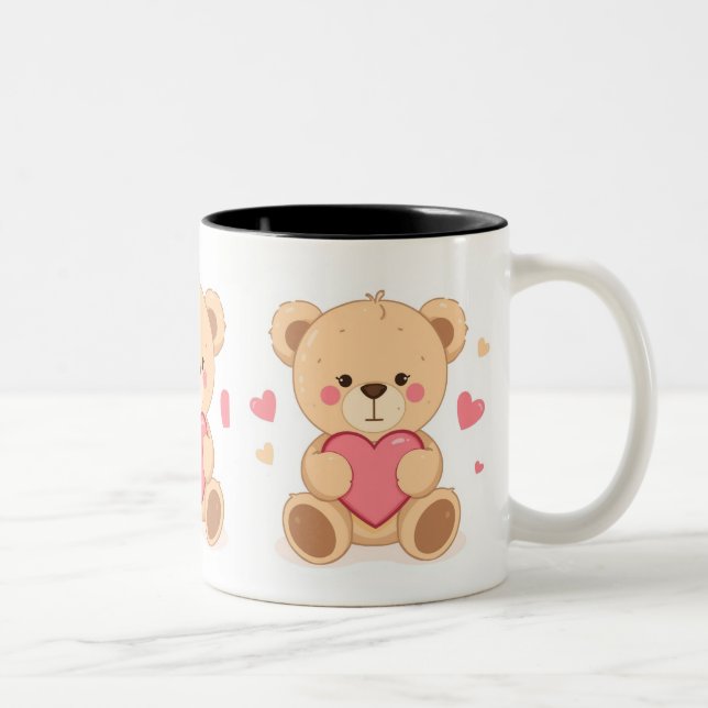 Cute Teddy Bear Holding Heart – Valentine Love Ill Zweifarbige Tasse (Rechts)