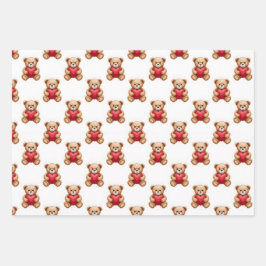 Cute teddy bear holding red hearts valentine geschenkpapier set
