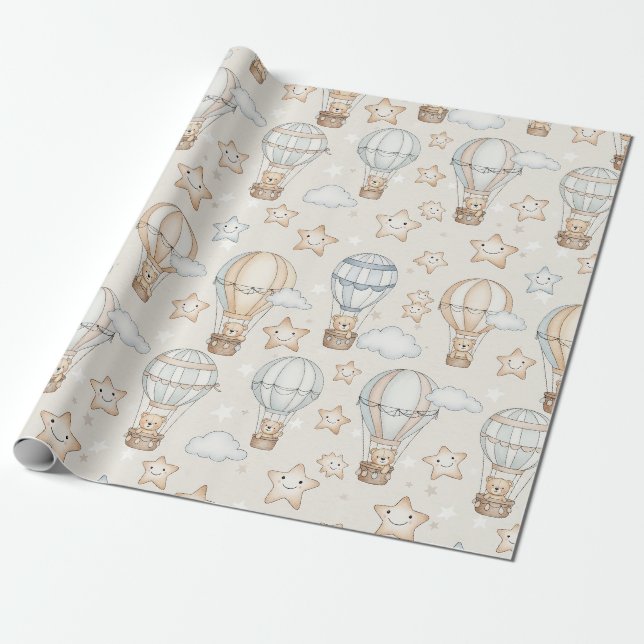 Cute Teddy Bear Hot Air Balloon Neutral Pattern 7 Geschenkpapier (Ungerollt)