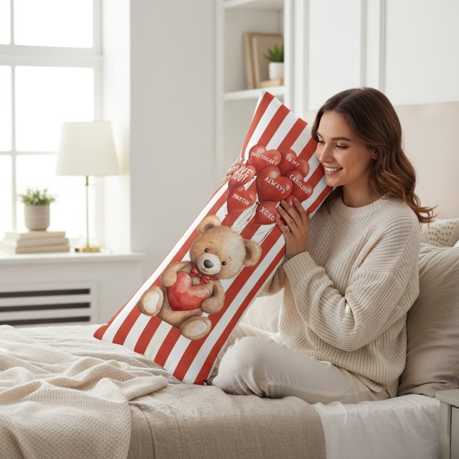 Cute Teddy Bear Love Heart Balloons Red White Seitenschläferkissen (Von Creator hochgeladen)