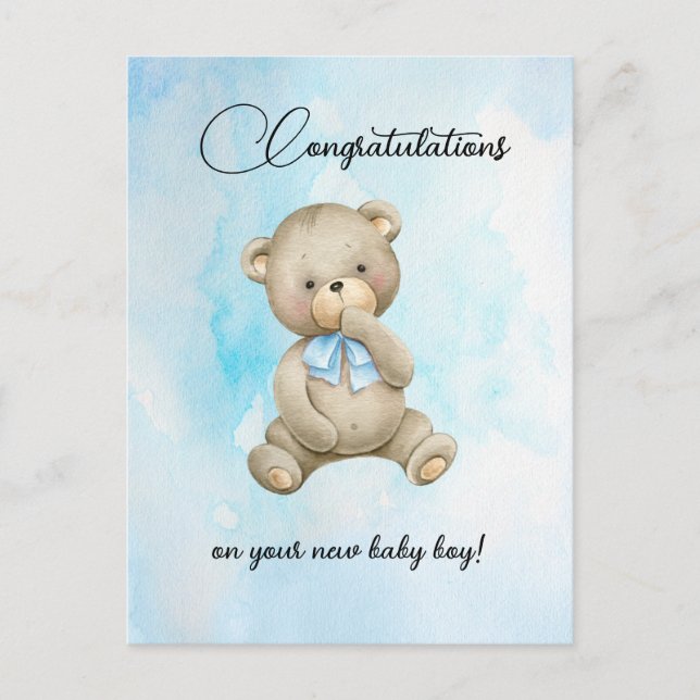 Cute Teddy bear new baby boy congratulations cards Postkarte (Vorderseite)