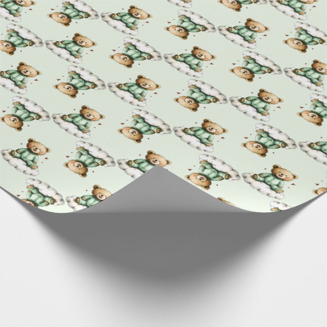 Cute Teddy Bear on a Cloud Green PJs Geschenkpapier (Ecke)