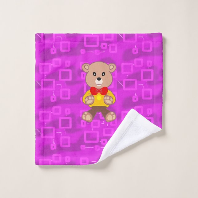 Cute Teddy Bear on Pink Geometric  Badhandtuch Set (Waschlappen)
