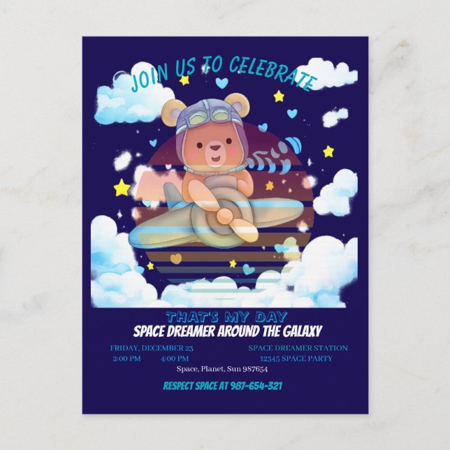 Cute Teddy Bear Pilot Airplane Art Postkarte (Vorderseite)