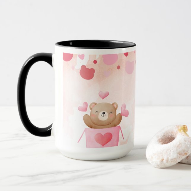 ​Cute Teddy Bear & Pink Hearts Coffee Mug Tasse (Mit Donut)