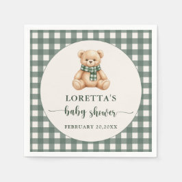 Cute Teddy Bear Rustic Green Plaid Baby Shower  Serviette